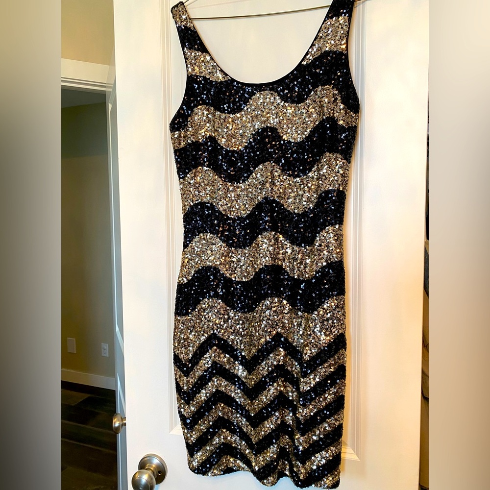 Bebe size m black and gold sequin party dress